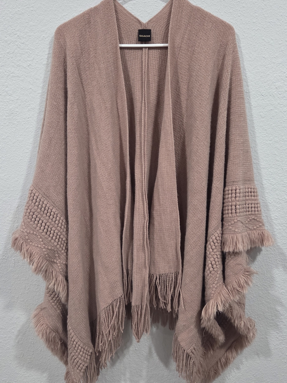 SAACHI Blush Mauve Fringe Knit Poncho with Textured Sleeves